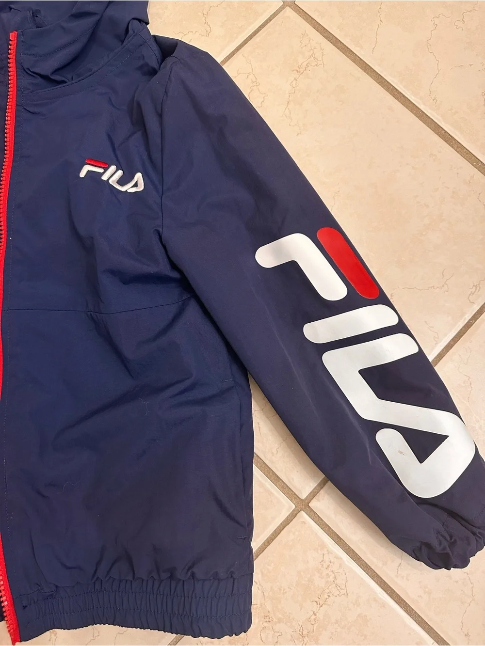 Fila Navy Hooded Kids Jacket with Red Zip and White Logo